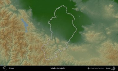 Sofades Belediyesi. Yunanistan 'ın idari bölgesi renkli bir yükseklik haritasında özetlendi