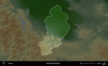 Sofades Belediyesi. Yunanistan 'ın idari alanı koyu renkli bir yükseklik haritasına vurgulandı ve özetlendi