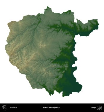 Soufli Belediyesi. Yunanistan 'ın idari bölgesi renkli bir yükseklik haritasında beyaza izole edildi