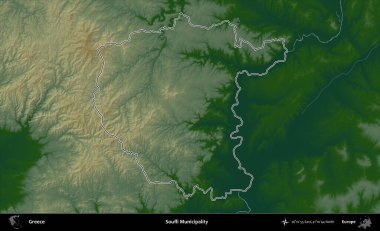 Soufli Belediyesi. Yunanistan 'ın idari bölgesi renkli bir yükseklik haritasında özetlendi