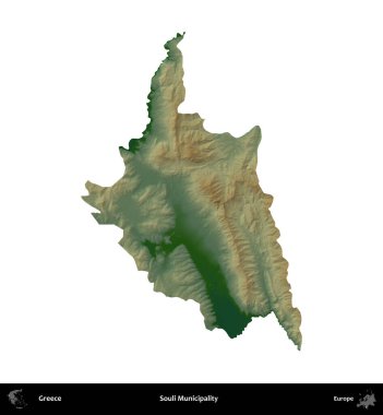 Souli Belediyesi. Yunanistan 'ın idari bölgesi renkli bir yükseklik haritasında beyaza izole edildi