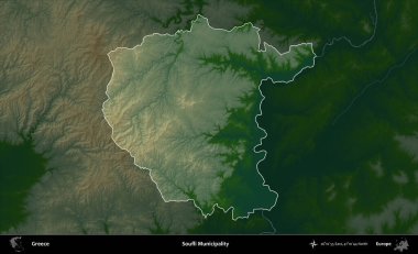 Soufli Belediyesi. Yunanistan 'ın idari alanı koyu renkli bir yükseklik haritasına vurgulandı ve özetlendi