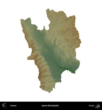 Sparta Belediyesi. Yunanistan 'ın idari bölgesi renkli bir yükseklik haritasında beyaza izole edildi