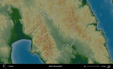 Sparta Belediyesi. Yunanistan 'ın idari bölgesi renkli bir yükseklik haritasında özetlendi