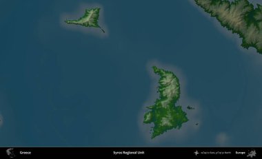 Syros Bölgesel Birimi. Yunanistan 'ın idari alanı koyu renkli bir yükseklik haritasına vurgulandı ve özetlendi