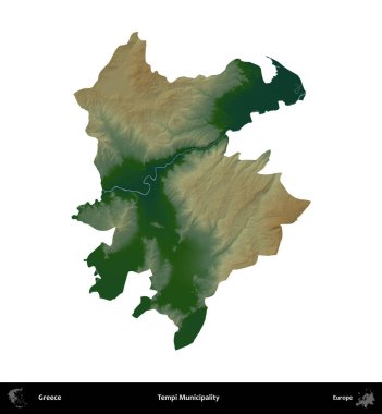 Tempi Belediyesi. Yunanistan 'ın idari bölgesi renkli bir yükseklik haritasında beyaza izole edildi