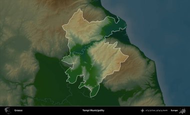 Tempi Belediyesi. Yunanistan 'ın idari alanı koyu renkli bir yükseklik haritasına vurgulandı ve özetlendi