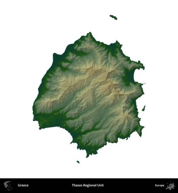Thasos Bölgesel Birimi. Yunanistan 'ın idari bölgesi renkli bir yükseklik haritasında beyaza izole edildi