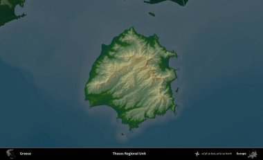 Thasos Bölgesel Birimi. Yunanistan 'ın idari alanı koyu renkli bir yükseklik haritasına vurgulandı ve özetlendi