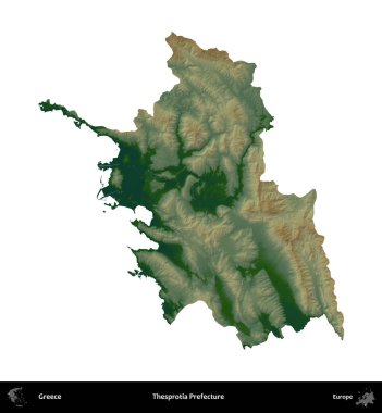Thesprotia Bölgesi. Yunanistan 'ın idari bölgesi renkli bir yükseklik haritasında beyaza izole edildi