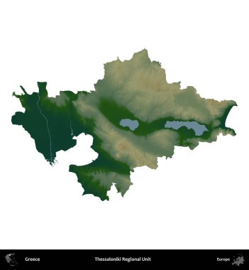 Selanik Bölgesel Birimi. Yunanistan 'ın idari bölgesi renkli bir yükseklik haritasında beyaza izole edildi