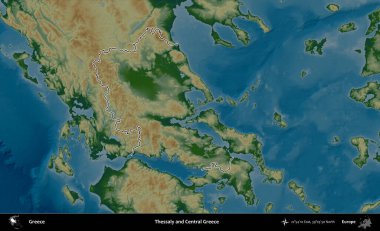 Teselya ve Orta Yunanistan. Yunanistan 'ın idari bölgesi renkli bir yükseklik haritasında özetlendi