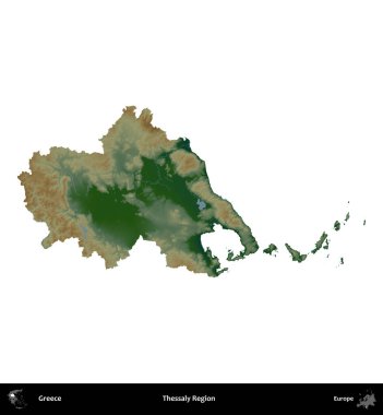 Teselya Bölgesi. Yunanistan 'ın idari bölgesi renkli bir yükseklik haritasında beyaza izole edildi