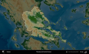 Teselya ve Orta Yunanistan. Yunanistan 'ın idari alanı koyu renkli bir yükseklik haritasına vurgulandı ve özetlendi