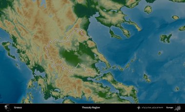 Teselya Bölgesi. Yunanistan 'ın idari bölgesi renkli bir yükseklik haritasında özetlendi