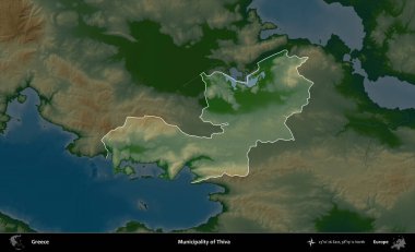 Thiva Belediyesi. Yunanistan 'ın idari alanı koyu renkli bir yükseklik haritasına vurgulandı ve özetlendi