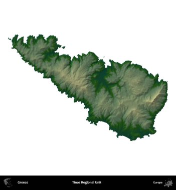 Tinos Bölgesel Birimi. Yunanistan 'ın idari bölgesi renkli bir yükseklik haritasında beyaza izole edildi