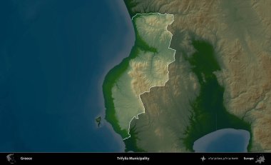 Trifylia Belediyesi. Yunanistan 'ın idari alanı koyu renkli bir yükseklik haritasına vurgulandı ve özetlendi