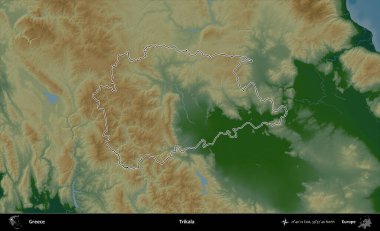 Trikala. Yunanistan 'ın idari bölgesi renkli bir yükseklik haritasında özetlendi