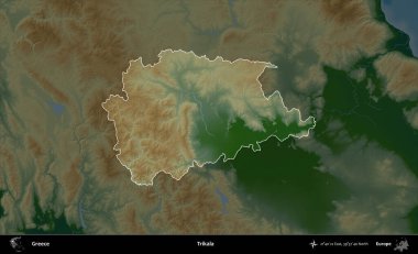 Trikala. Yunanistan 'ın idari alanı koyu renkli bir yükseklik haritasına vurgulandı ve özetlendi