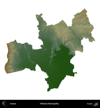 Trikkaion Belediyesi. Yunanistan 'ın idari bölgesi renkli bir yükseklik haritasında beyaza izole edildi