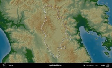 Trablus Belediyesi. Yunanistan 'ın idari bölgesi renkli bir yükseklik haritasında özetlendi