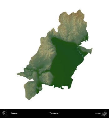 Tyrnavos. Yunanistan 'ın idari bölgesi renkli bir yükseklik haritasında beyaza izole edildi