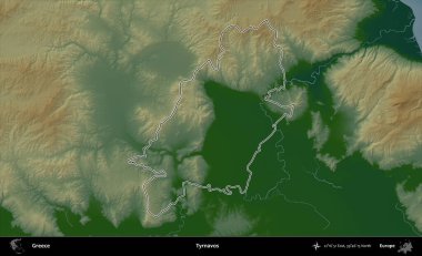 Tyrnavos. Yunanistan 'ın idari bölgesi renkli bir yükseklik haritasında özetlendi