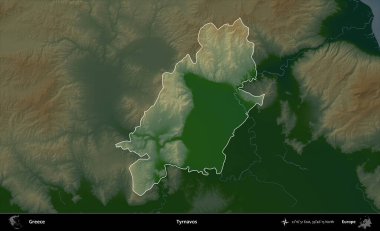 Tyrnavos. Yunanistan 'ın idari alanı koyu renkli bir yükseklik haritasına vurgulandı ve özetlendi