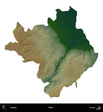 Veria. Yunanistan 'ın idari bölgesi renkli bir yükseklik haritasında beyaza izole edildi