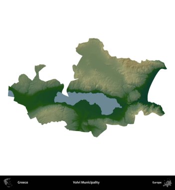 Volvi Belediyesi. Yunanistan 'ın idari bölgesi renkli bir yükseklik haritasında beyaza izole edildi