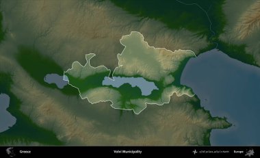 Volvi Belediyesi. Yunanistan 'ın idari alanı koyu renkli bir yükseklik haritasına vurgulandı ve özetlendi