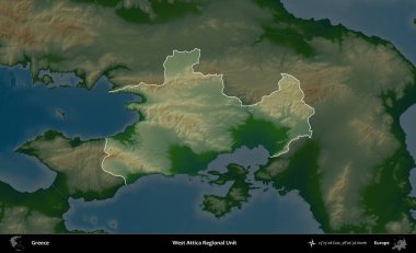 Batı Attica Bölgesel Birimi. Yunanistan 'ın idari alanı koyu renkli bir yükseklik haritasına vurgulandı ve özetlendi