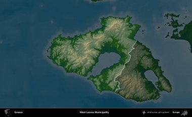 Batı Lesvos Belediyesi. Yunanistan 'ın idari alanı koyu renkli bir yükseklik haritasına vurgulandı ve özetlendi
