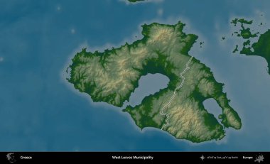 Batı Lesvos Belediyesi. Yunanistan 'ın idari bölgesi renkli bir yükseklik haritasında özetlendi