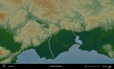 Xanthi Bölgesi. Yunanistan 'ın idari bölgesi renkli bir yükseklik haritasında özetlendi