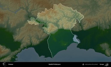 Xanthi Bölgesi. Yunanistan 'ın idari alanı koyu renkli bir yükseklik haritasına vurgulandı ve özetlendi