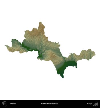 Xanthi Belediyesi. Yunanistan 'ın idari bölgesi renkli bir yükseklik haritasında beyaza izole edildi