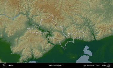 Xanthi Belediyesi. Yunanistan 'ın idari bölgesi renkli bir yükseklik haritasında özetlendi
