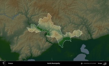 Xanthi Belediyesi. Yunanistan 'ın idari alanı koyu renkli bir yükseklik haritasına vurgulandı ve özetlendi