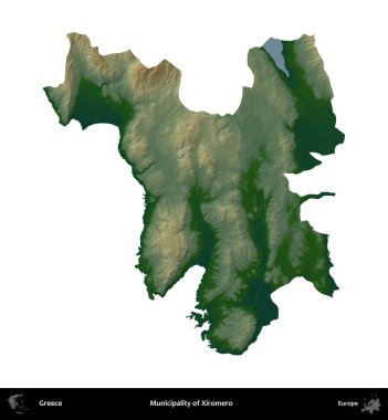 Xiromero Belediyesi. Yunanistan 'ın idari bölgesi renkli bir yükseklik haritasında beyaza izole edildi