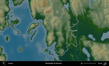 Xiromero Belediyesi. Yunanistan 'ın idari bölgesi renkli bir yükseklik haritasında özetlendi