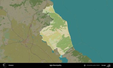 Agia Belediyesi. Yunanistan 'ın idari alanı kararmış Topografik İnsani Yardım Stili Haritasında vurgulandı ve özetlendi