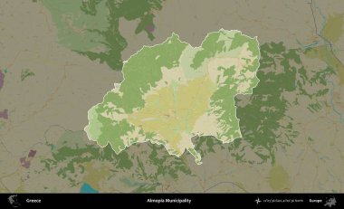 Almopia Belediyesi. Yunanistan 'ın idari alanı kararmış Topografik İnsani Yardım Stili Haritasında vurgulandı ve özetlendi