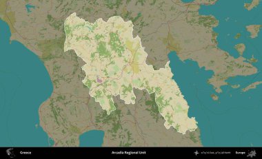 Arcadia Bölgesel Birimi. Yunanistan 'ın idari alanı kararmış Topografik İnsani Yardım Stili Haritasında vurgulandı ve özetlendi