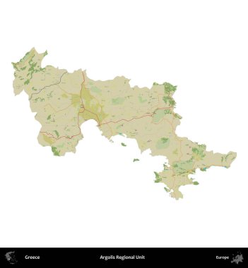 Argolis Bölgesel Birimi. Yunanistan 'ın idari bölgesi Topografik İnsani Stil Haritasında beyaza izole edildi