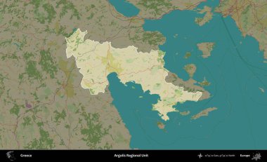 Argolis Bölgesel Birimi. Yunanistan 'ın idari alanı kararmış Topografik İnsani Yardım Stili Haritasında vurgulandı ve özetlendi