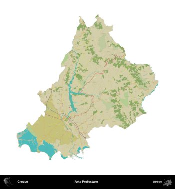 Arta Bölgesi. Yunanistan 'ın idari bölgesi Topografik İnsani Stil Haritasında beyaza izole edildi