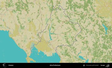 Arta Bölgesi. Yunanistan 'ın idari alanı Topografik İnsani Stil Haritasında özetlendi