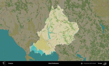 Arta Bölgesi. Yunanistan 'ın idari alanı kararmış Topografik İnsani Yardım Stili Haritasında vurgulandı ve özetlendi